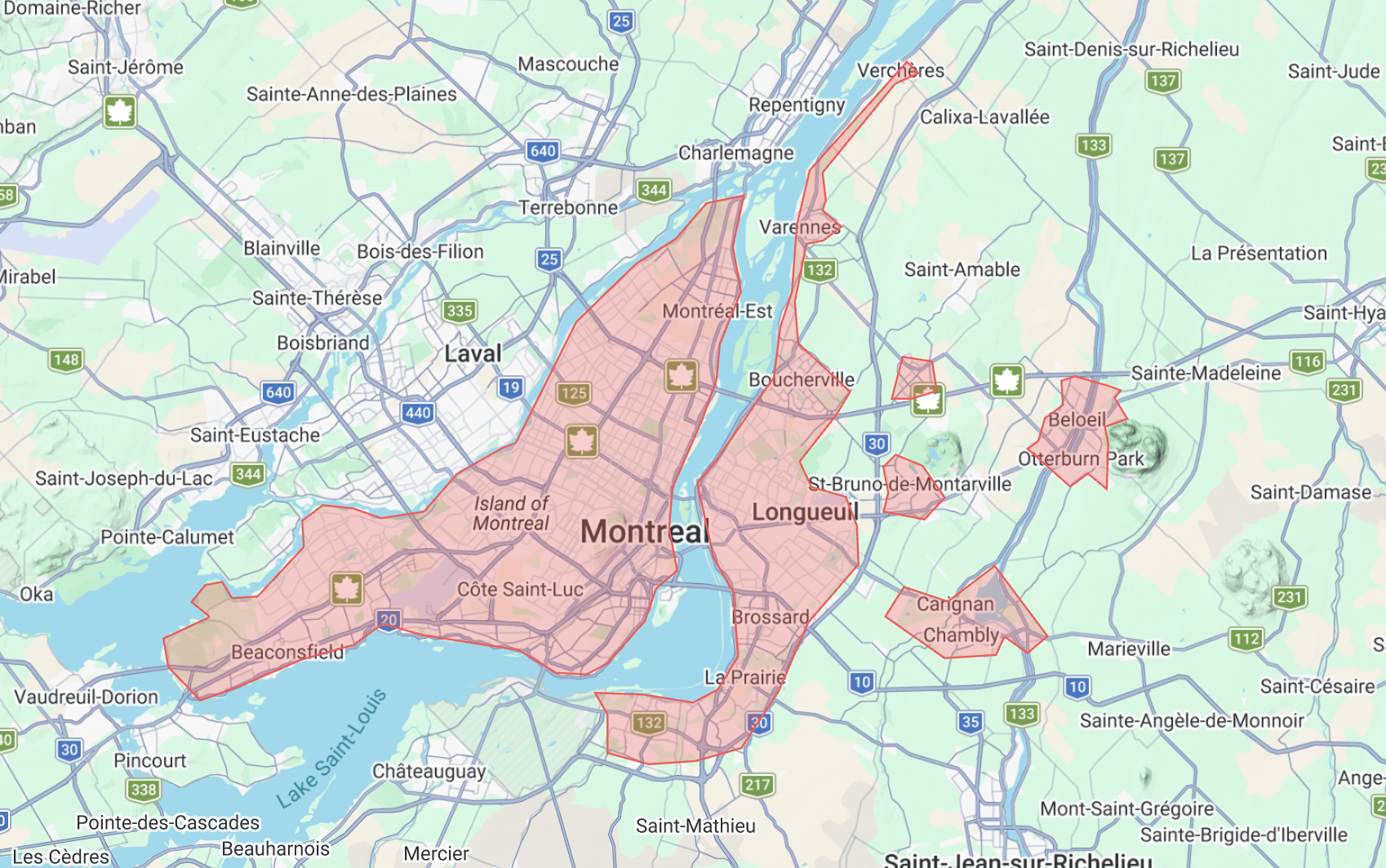 Carte des zones desservies par Green Squad — Montréal et Rive-Sud